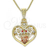 Oro Laminado Pendant Necklace, Gold Filled Style Heart and Butterfly Design, with Garnet and White Crystal, Polished, Tricolor, 04.351.0022.20