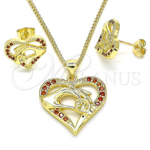 Oro Laminado Earring and Pendant Adult Set, Gold Filled Style Heart and Hand Design, with Garnet Micro Pave, Polished, Golden Finish, 10.156.0275.2
