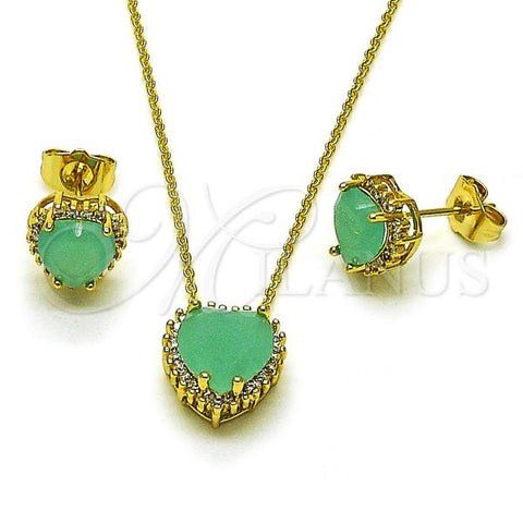 Oro Laminado Earring and Pendant Adult Set, Gold Filled Style Heart and Cluster Design, with Turquoise Cubic Zirconia and White Micro Pave, Polished, Golden Finish, 10.156.0526