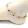 Oro Laminado Fancy Anklet, Gold Filled Style Hand of God and Heart Design, Blue Enamel Finish, Golden Finish, 03.213.0146.10