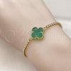 Oro Laminado Adjustable Bolo Bracelet, Gold Filled Style Four-leaf Clover and Box Design, with Green Mother of Pearl and White Cubic Zirconia, Polished, Golden Finish, 03.341.0235.3.11