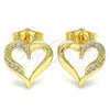 Oro Laminado Stud Earring, Gold Filled Style Heart Design, with White Micro Pave, Polished, Golden Finish, 02.156.0486