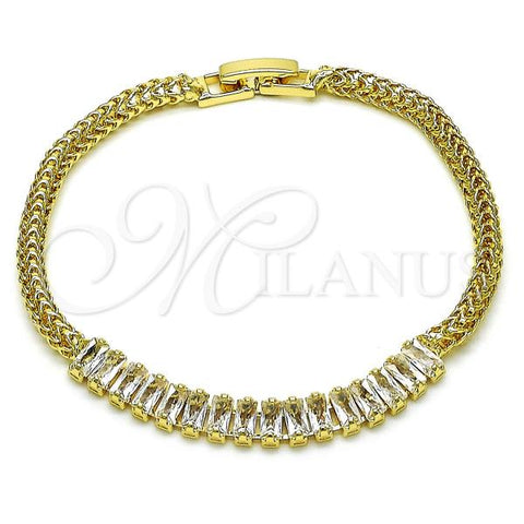 Oro Laminado Fancy Bracelet, Gold Filled Style Bismark and Baguette Design, with White Cubic Zirconia, Polished, Golden Finish, 03.283.0392.07