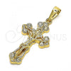 Oro Laminado Religious Pendant, Gold Filled Style Crucifix Design, with White Crystal, Polished, Golden Finish, 05.351.0026