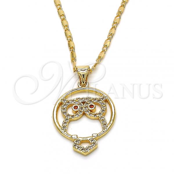 Oro Laminado Pendant Necklace, Gold Filled Style Owl Design, with Garnet and White Cubic Zirconia, Polished, Golden Finish, 04.156.0108.1.20