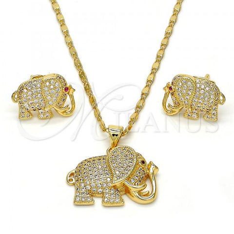 Oro Laminado Earring and Pendant Adult Set, Gold Filled Style Elephant Design, with White and Ruby Micro Pave, Polished, Golden Finish, 10.199.0074.2