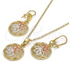Oro Laminado Earring and Pendant Adult Set, Gold Filled Style Flower Design, Polished, Tricolor, 10.170.0011