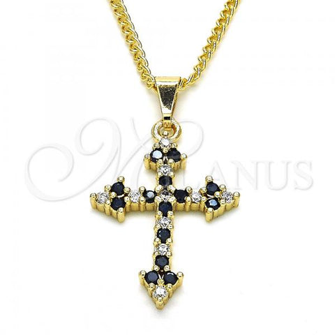 Oro Laminado Pendant Necklace, Gold Filled Style Cross Design, with Black and White Cubic Zirconia, Polished, Golden Finish, 04.284.0010.2.22