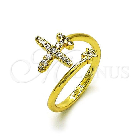 Oro Laminado Multi Stone Ring, Gold Filled Style Cross and Star Design, with White Micro Pave, Polished, Golden Finish, 01.196.0018