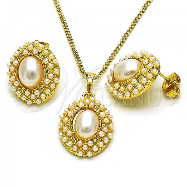 Oro Laminado Earring and Pendant Adult Set, Gold Filled Style with Ivory Pearl, Polished, Golden Finish, 10.379.0078