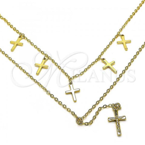 Oro Laminado Fancy Necklace, Gold Filled Style Cross and Crucifix Design, Polished, Golden Finish, 04.213.0267.16