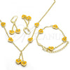 Oro Laminado Earring and Pendant Children Set, Gold Filled Style Heart Design, with White Crystal, Yellow Enamel Finish, Golden Finish, 06.60.0003.2