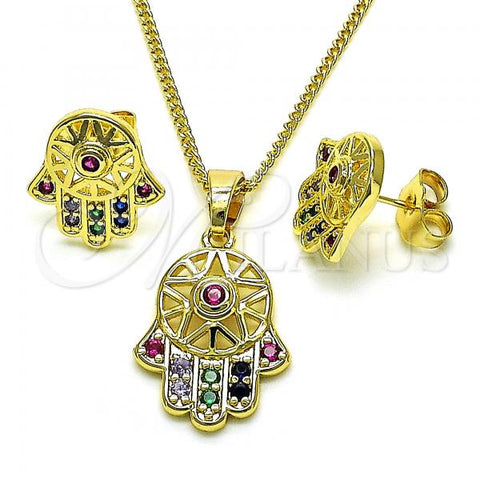 Oro Laminado Earring and Pendant Adult Set, Gold Filled Style Hand of God Design, with Multicolor Cubic Zirconia, Polished, Golden Finish, 10.210.0168.1
