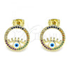 Oro Laminado Stud Earring, Gold Filled Style Evil Eye Design, with Multicolor Micro Pave, Blue Enamel Finish, Golden Finish, 02.341.0043