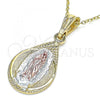 Oro Laminado Religious Pendant, Gold Filled Style Teardrop and Guadalupe Design, Polished, Tricolor, 05.351.0120