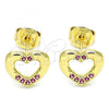 Oro Laminado Stud Earring, Gold Filled Style Heart Design, with Ruby Micro Pave, Polished, Golden Finish, 02.156.0469.1