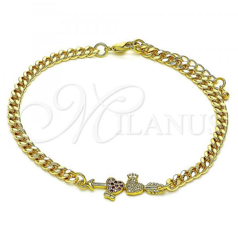 Oro Laminado Fancy Bracelet, Gold Filled Style Heart Design, with Ruby and White Micro Pave, Polished, Golden Finish, 03.368.0067.08