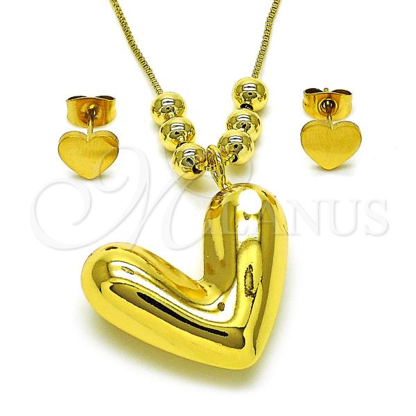 Oro Laminado Necklace and Earring, Gold Filled Style Heart and Box Design, Polished, Golden Finish, 06.417.0017