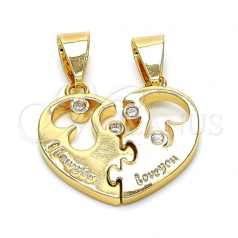 Oro Laminado Fancy Pendant, Gold Filled Style Heart and Love Design, with White Cubic Zirconia, Polished, Golden Finish, 05.179.0051