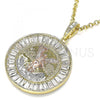 Oro Laminado Religious Pendant, Gold Filled Style Centenario Coin and Angel Design, with White Crystal, Polished, Tricolor, 05.380.0028