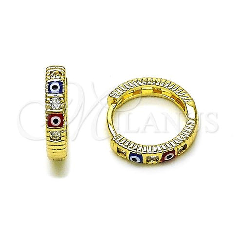 Oro Laminado Huggie Hoop, Gold Filled Style Evil Eye Design, with White Cubic Zirconia, Multicolor Enamel Finish, Golden Finish, 02.213.0620.1.15