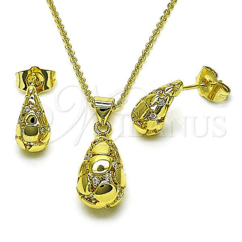 Oro Laminado Earring and Pendant Adult Set, Gold Filled Style Chunky Design, with White Cubic Zirconia, Polished, Golden Finish, 10.156.0497