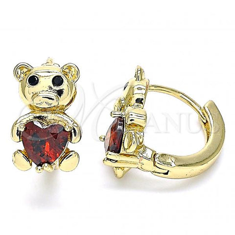 Oro Laminado Huggie Hoop, Gold Filled Style Teddy Bear and Heart Design, with Garnet Cubic Zirconia and Black Micro Pave, Polished, Golden Finish, 02.210.0460.2.15