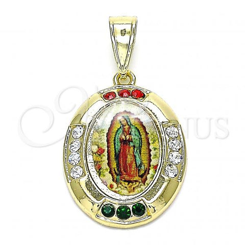 Oro Laminado Religious Pendant, Gold Filled Style Guadalupe Design, with Multicolor Crystal, Polished, Golden Finish, 05.253.0149