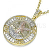 Oro Laminado Religious Pendant, Gold Filled Style Centenario Coin and Angel Design, with White Crystal, Polished, Golden Finish, 05.380.0026