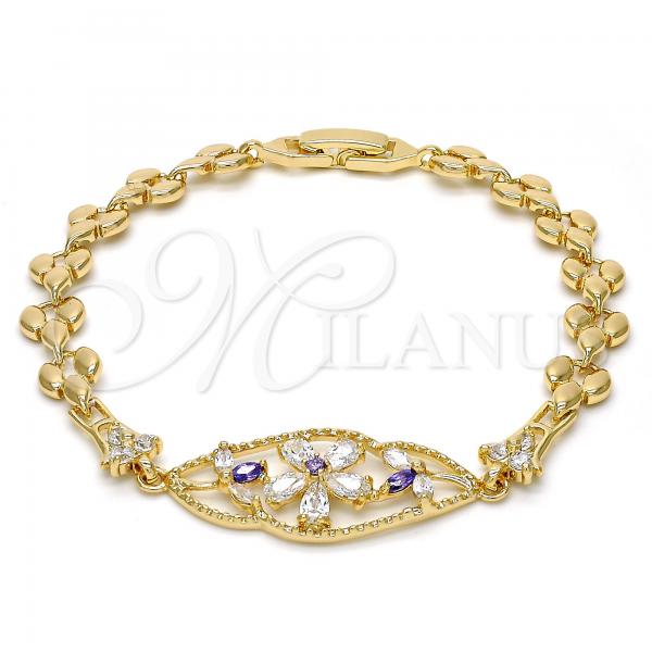 Oro Laminado Fancy Bracelet, Gold Filled Style Flower and Leaf Design, with Amethyst and White Cubic Zirconia, Polished, Golden Finish, 03.210.0040.2.08