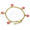 Oro Laminado Charm Bracelet, Gold Filled Style Star and Rolo Design, with White Crystal, Pink Enamel Finish, Golden Finish, 03.63.1358.07