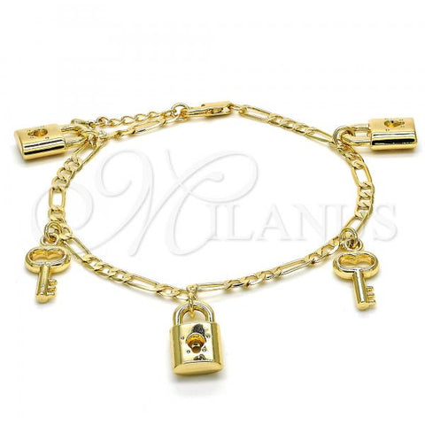 Oro Laminado Charm Bracelet, Gold Filled Style Lock and key Design, Polished, Golden Finish, 03.63.2021.08