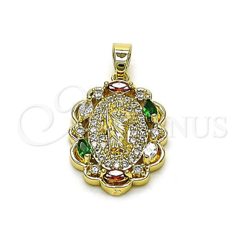 Oro Laminado Religious Pendant, Gold Filled Style San Judas Design, with Multicolor Cubic Zirconia and White Micro Pave, Polished, Golden Finish, 05.210.0011.1