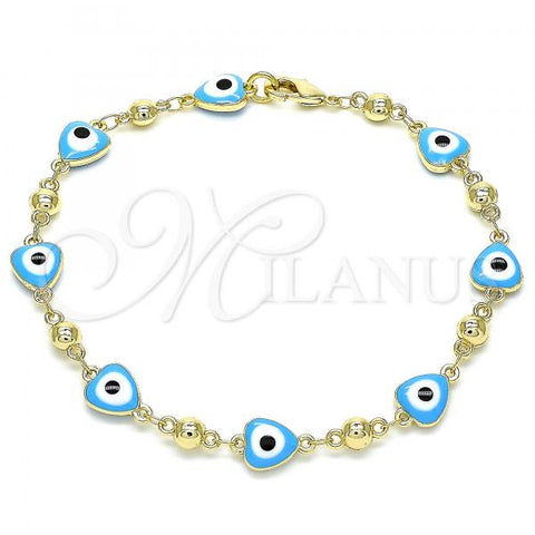 Oro Laminado Fancy Bracelet, Gold Filled Style Evil Eye and Heart Design, Turquoise Enamel Finish, Golden Finish, 03.213.0037.4.08