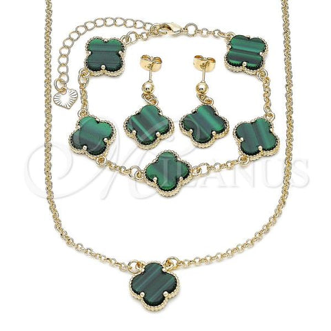 Oro Laminado Necklace, Bracelet and Earring, Gold Filled Style Four-leaf Clover and Rolo Design, with Turquoise Mother of Pearl, Polished, Golden Finish, 06.414.0003