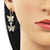 Oro Laminado Long Earring, Gold Filled Style Butterfly and Heart Design, with White Cubic Zirconia, Polished, Golden Finish, 02.196.0096