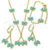 Oro Laminado Earring and Pendant Children Set, Gold Filled Style Butterfly Design, with White Crystal, Turquoise Enamel Finish, Golden Finish, 06.60.0004