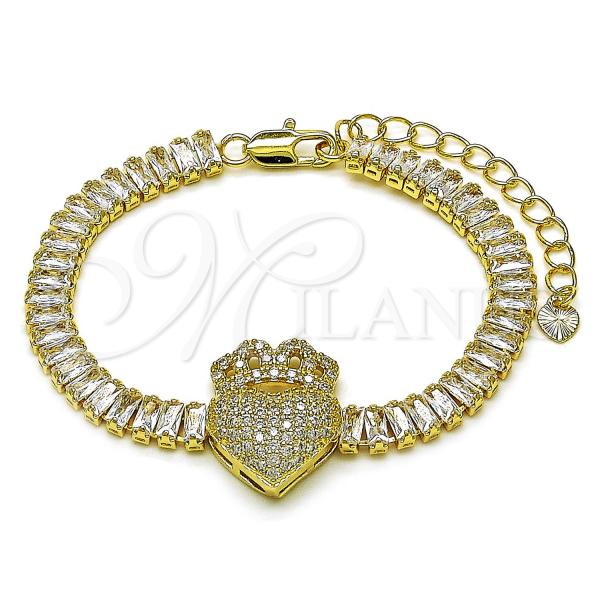 Oro Laminado Fancy Bracelet, Gold Filled Style Heart and Crown Design, with White Cubic Zirconia and White Micro Pave, Polished, Golden Finish, 03.411.0037.07