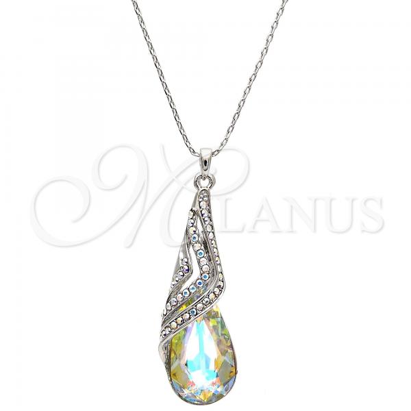 Rhodium Plated Pendant Necklace, Teardrop and Rolo Design, with Aurore Boreale and Aurore Boreale Swarovski Crystals, Polished, Rhodium Finish, 04.239.0037.4.16