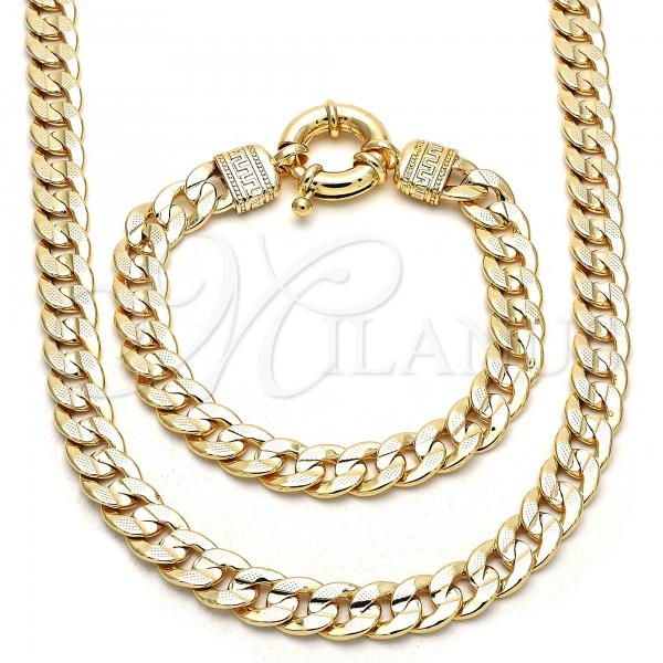 Oro Laminado Necklace and Bracelet, Gold Filled Style Concave Cuban and Greek Key Design, Polished, Golden Finish, 06.179.0004