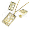 Oro Laminado Earring and Pendant Adult Set, Gold Filled Style Leaf Design, with Black and White Cubic Zirconia, Polished, Golden Finish, 10.233.0039.2