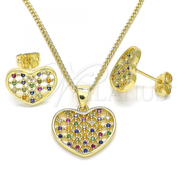 Oro Laminado Earring and Pendant Adult Set, Gold Filled Style Heart Design, with Multicolor Micro Pave, Polished, Golden Finish, 10.156.0274.3