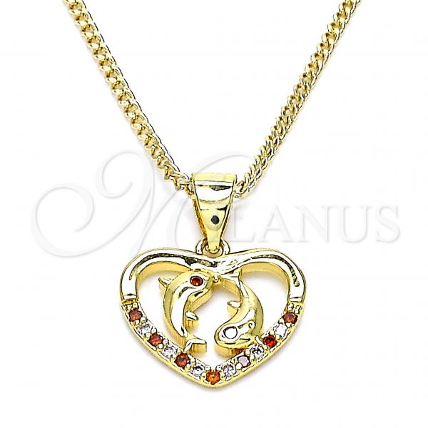 Oro Laminado Pendant Necklace, Gold Filled Style Heart and Dolphin Design, with Garnet and White Micro Pave, Polished, Golden Finish, 04.156.0428.1.20