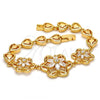 Oro Laminado Fancy Bracelet, Gold Filled Style Flower and Heart Design, with White Cubic Zirconia, Polished, Golden Finish, 03.206.0038.07