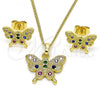 Oro Laminado Earring and Pendant Adult Set, Gold Filled Style Butterfly Design, with Multicolor Cubic Zirconia, Polished, Golden Finish, 10.284.0029
