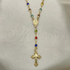 Oro Laminado Medium Rosary, Gold Filled Style Caridad del Cobre and Crucifix Design, with Multicolor Crystal, Polished, Golden Finish, 09.326.0003.18