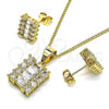 Oro Laminado Earring and Pendant Adult Set, Gold Filled Style Baguette and Cluster Design, Polished, Golden Finish, 10.342.0100