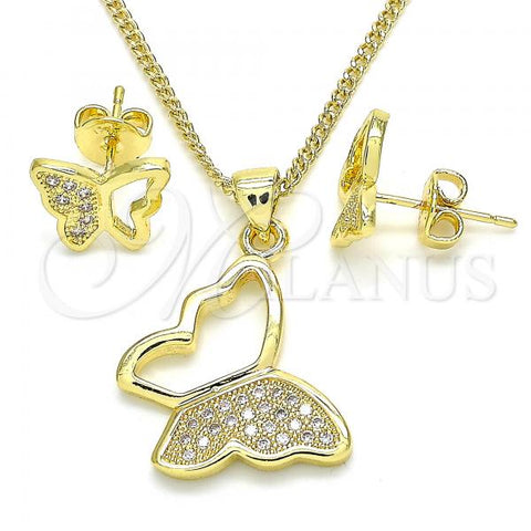 Oro Laminado Earring and Pendant Adult Set, Gold Filled Style Butterfly Design, with White Micro Pave, Polished, Golden Finish, 10.156.0266