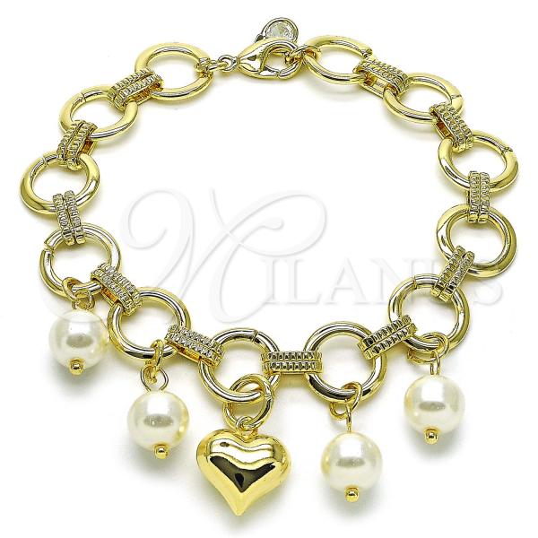 Oro Laminado Charm Bracelet, Gold Filled Style Heart and Ball Design, with Ivory Pearl and White Cubic Zirconia, Polished, Golden Finish, 03.331.0263.09