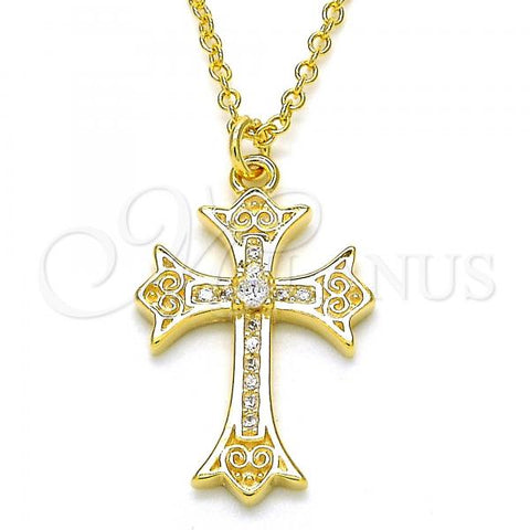 Sterling Silver Pendant Necklace, Cross and Heart Design, with White Cubic Zirconia, Polished, Golden Finish, 04.336.0114.2.16